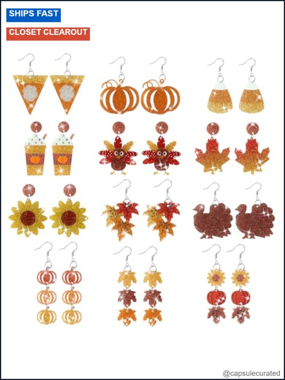 12 Pairs Fall Glitter Acrylic Drop Dangle Earrings Thanksgiving Pumpkin Leaf